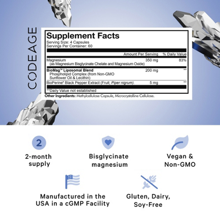 Supplement Facts label for Codeage Liposomal Magnesium Glycinate