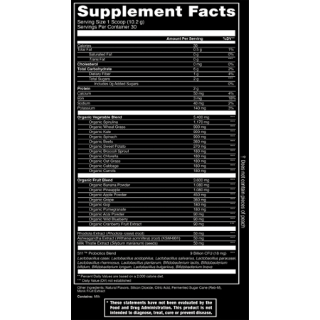 Supplement Facts label for Jocko Greens Organic Superfoods Peach