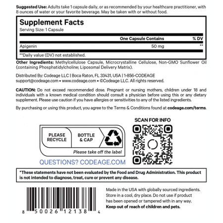 Supplement Facts label for Codeage Liposomal Apigenin capsules