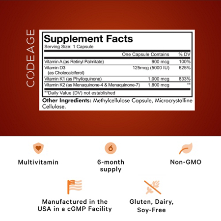 Supplement Facts label for Codeage ADK Vitamins Capsules