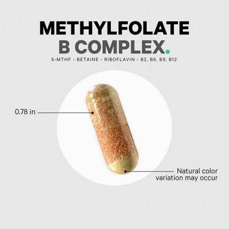 Methylfolate B Complex capsule with size and color note