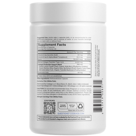 Supplement Facts label for Codeage Biotin Marine Collagen capsules