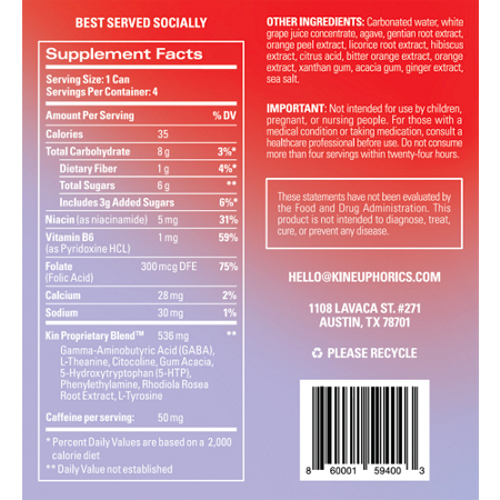 Supplement Facts label for Kin Euphorics Drink Kin Spritz