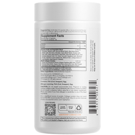 Supplement Facts label for Codeage Multi Collagen Raw Greens capsules
