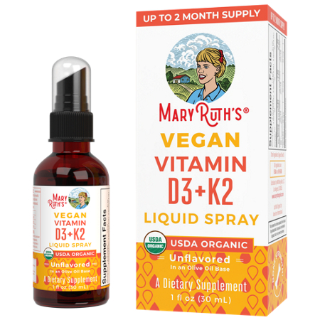 MaryRuth's Organic Vitamin D3 plus K2 Liquid Spray bottle and box front