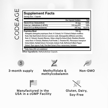 Supplement Facts label for Codeage Ultra Life Telomeres Supplement Capsules