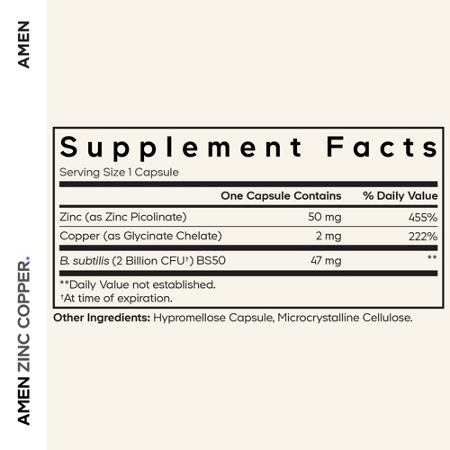 Amen Zinc and Copper Probiotics Supplement Facts Label