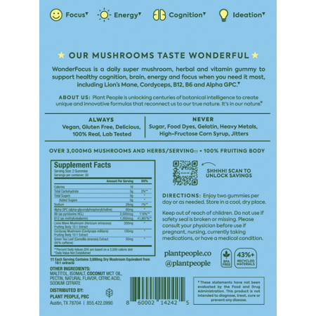 Supplement Facts for WonderFocus Mushroom Gummies