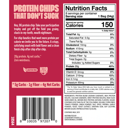 Supplement Facts label for Legendary Foods Popped Protein Chips Barbecue