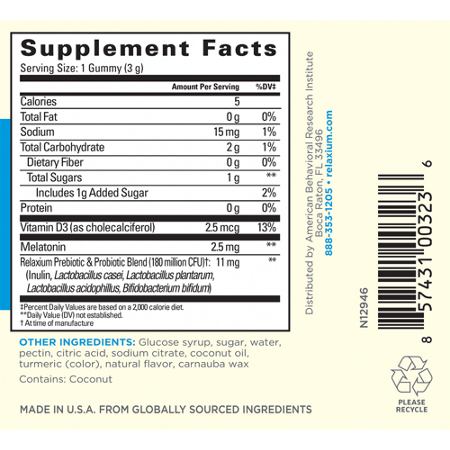 Supplement Facts label for Relaxium Sleep Gummies with Pre + Probiotics Lemon
