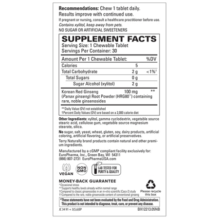 Supplement Facts label for HRG80 Red Ginseng Energy
