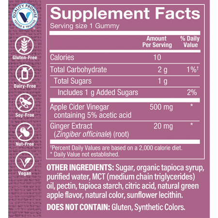Supplement Facts label for Apple Cider Vinegar Gummies 5 percent Acetic Acid