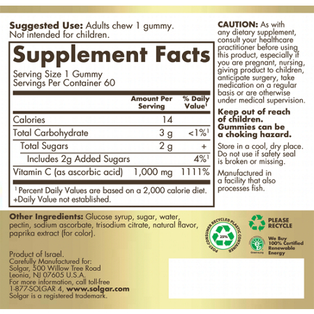 Supplement Facts label for Solgar Vitamin C Gummies for Immune Support 1000 MG