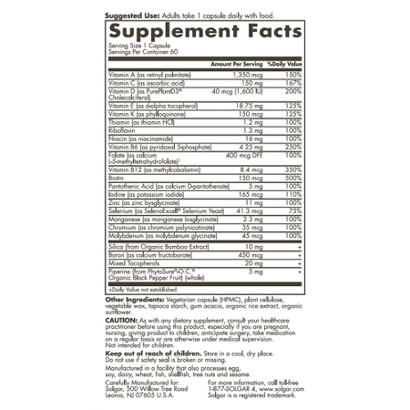 Supplement Facts label for Solgar Womens Multivitamin for Women 50 Plus