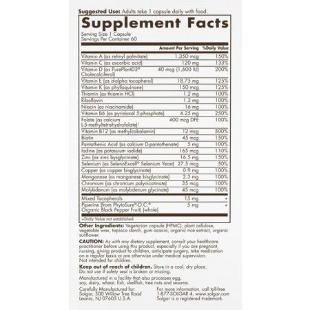 Solgar Men's Multivitamin Supplement Facts Label