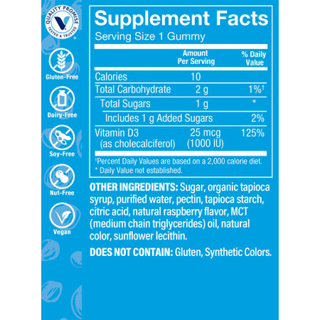 Supplement Facts label for Childrens Vitamin D3 Gummies 1000 IU Raspberry