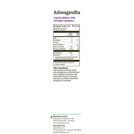 Supplement Facts label for Floradix Ashwagandha Liquid Herbal Formula