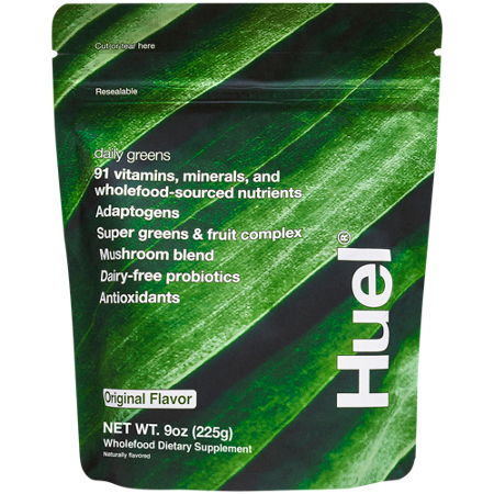 Huel Daily Greens Powder Super Greens Fruit and Mushroom Blend pouch front