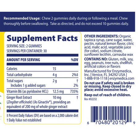 Enzymedica Ginger & B6 Gummies Supplement Facts Label
