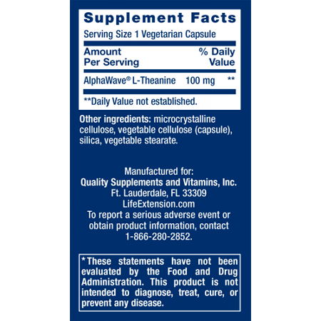 Supplement Facts label for Life Extension L-Theanine for Calm Mood 100 MG