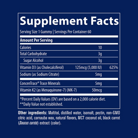 Supplement Facts label for Trace Minerals Research Vitamin D3 + K2 Gummies