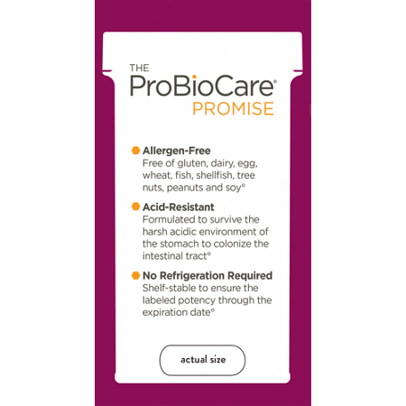 ProBioCare Promise label with allergen-free and acid-resistant benefits listed