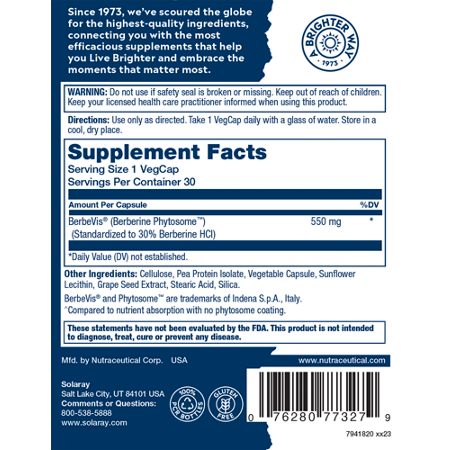 Supplement Facts label for Solaray Prosorb Berberine Phytosome capsules 550 MG