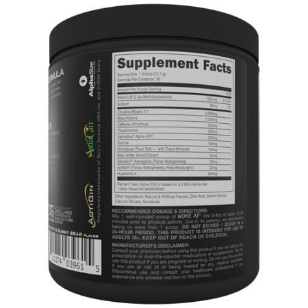Supplement Facts for Woke AF Pre-Workout White Gummy Deer