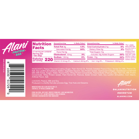 Nutrition Facts label for Alani Protein Bar Peanut Butter and Jelly