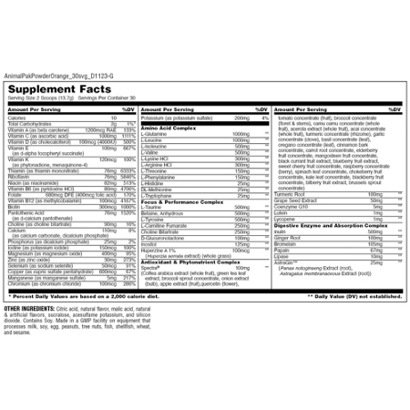 Animal Pak Powder Supplement Facts label, Orange Crush