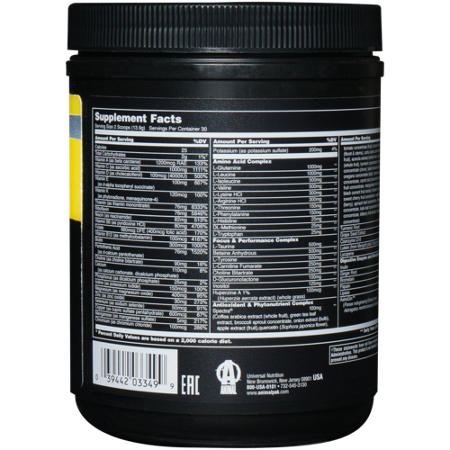 Supplement Facts label for Animal Pak Powder Orange Crush