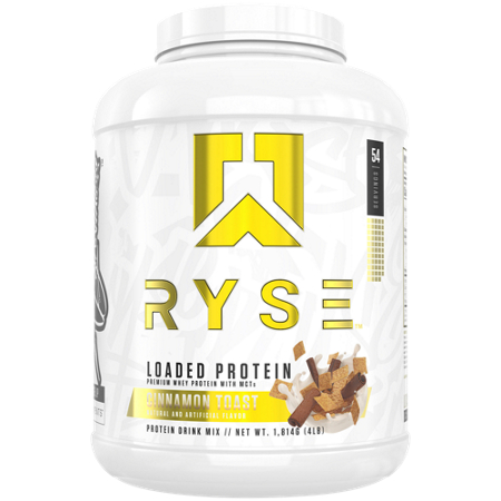 Ryse Loaded Premium Whey Protein with MCTs container front