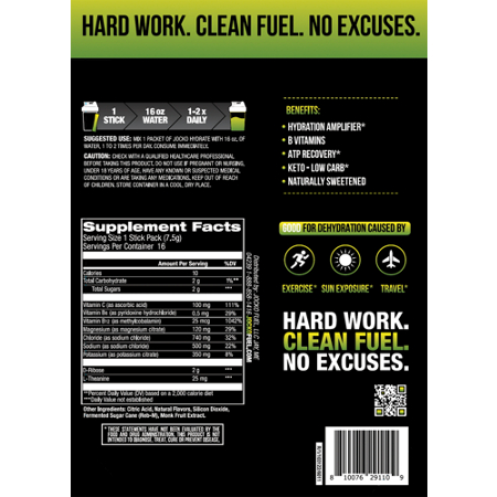 Supplement Facts label for JOCKO FUEL Jocko Hydrate Drink Mix Lemon Lime