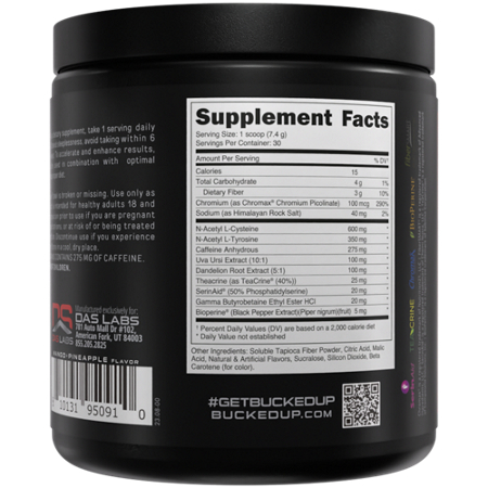 Supplement Facts label for Bucked Up Heat Hardcore Mango Pineapple