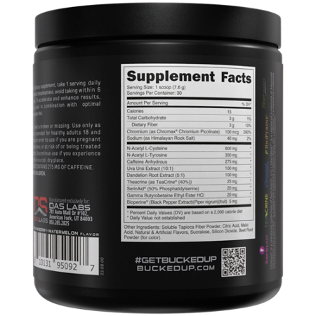 Supplement Facts label for Bucked Up Heat Hardcore Strawberry Watermelon