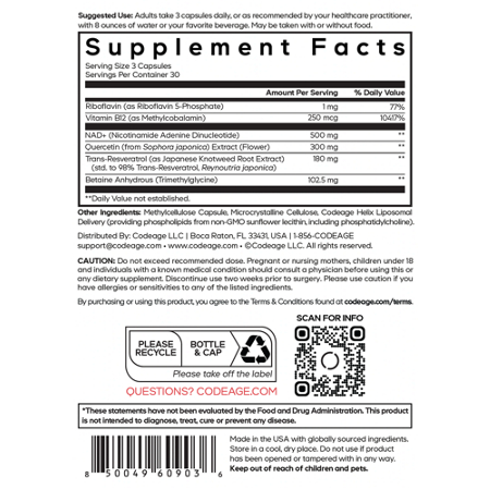 Supplement Facts label for Liposomal NAD+ Ultra 90 capsules