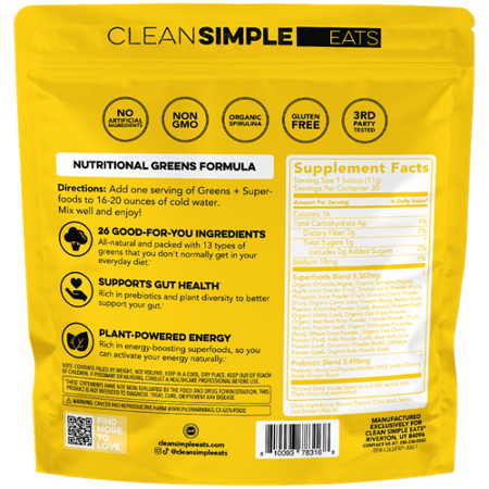 Clean Simple Eats Greens Superfood Powder Mix label