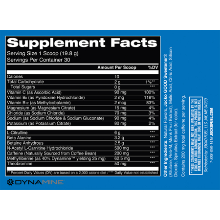 Supplement Facts label for JOCKO FUEL Jocko Pre-Workout Powder Nitro Pop
