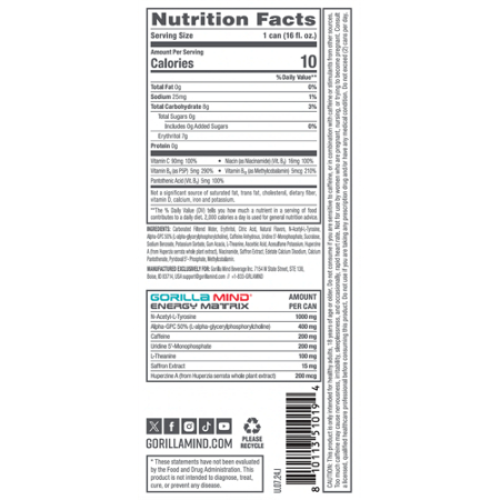 Supplement Facts label for Gorilla Mind Energy Drink Arctic White