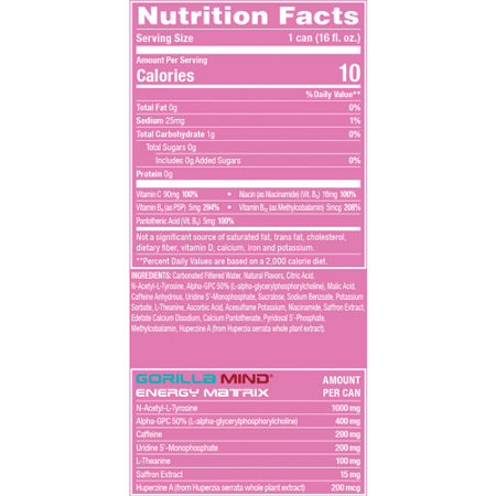 Supplement Facts label for Gorilla Mind Energy Drink Strawberry Candy