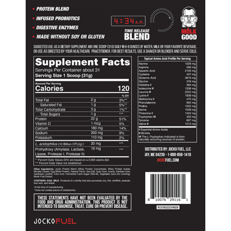 Supplement Facts label for JOCKO FUEL Molk Protein Powder Strawberry