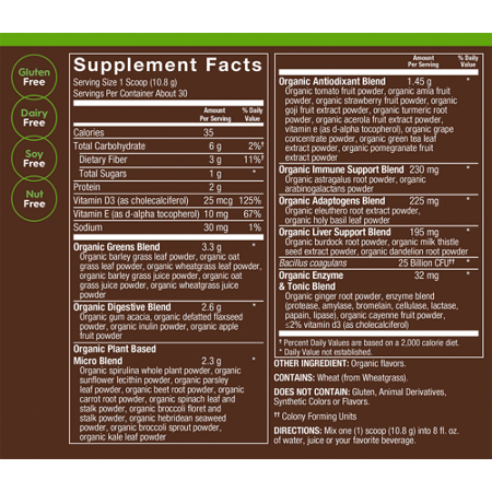 Plnt Vital Greens Superfood Powder Supplement Facts Label