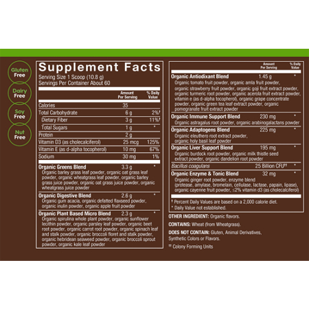 Supplement Facts label for plnt Vital Greens Superfood Powder