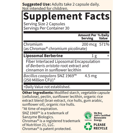 Supplement Facts label for Liposomal Berberine capsules
