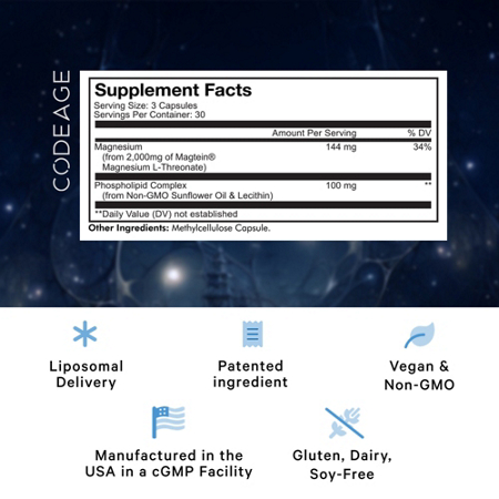 Supplement Facts label for Liposomal Magnesium L Threonate Capsules