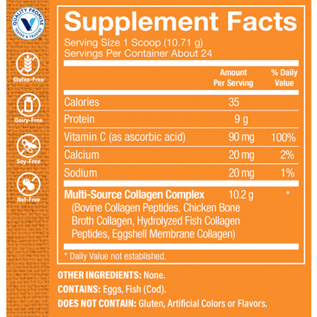 Supplement Facts label for Multi-Source Collagen Powder 5 Types of Collagen