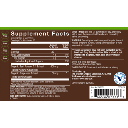 Supplement Facts label for plnt Organic Beet Gummies Grape