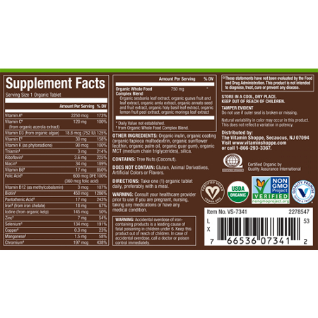 Supplement Facts label for plnt Organic Prenatal Multivitamin One a Day