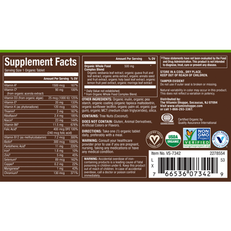 Supplement Facts label for plnt Organic Mens Multivitamin One a Day