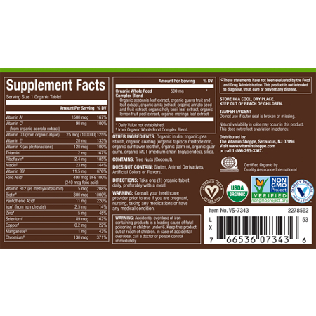 Supplement Facts label for plnt Organic Womens Multivitamin One a Day